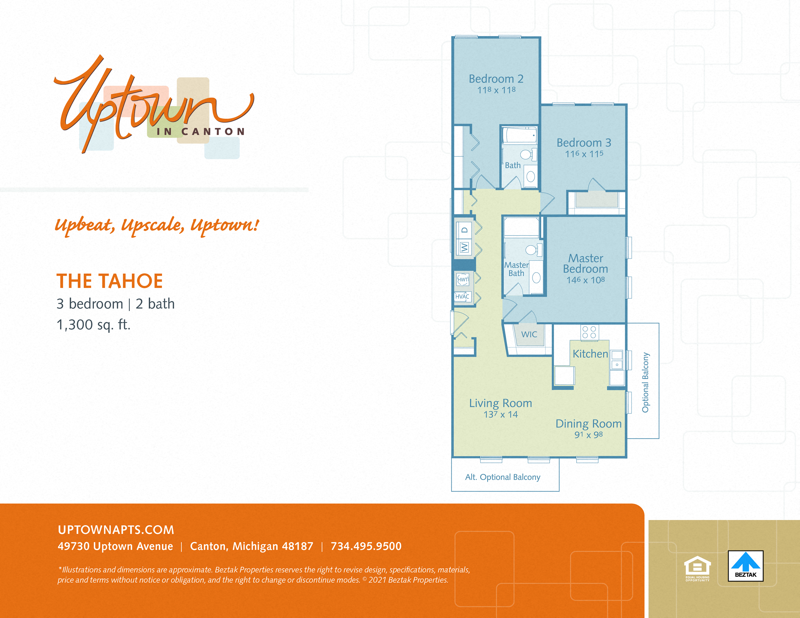 Floor plan for 3 beds, 2 baths, 1300 sqft